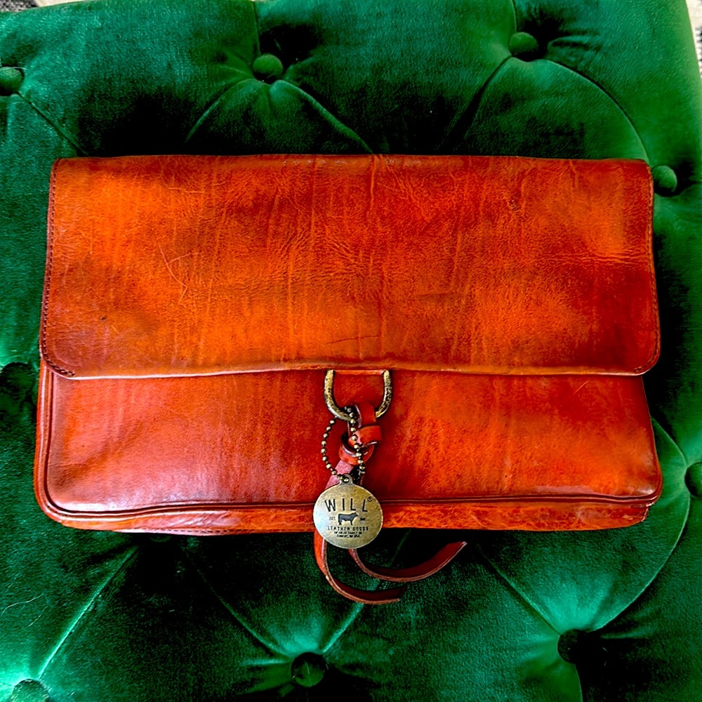 Will Leather Goods Burnt Orange Leather Clutch with Brass Charm